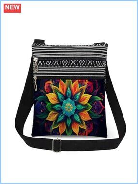 Polyester Mandala Crossbody Bag Adjustable Strap Double Zipper